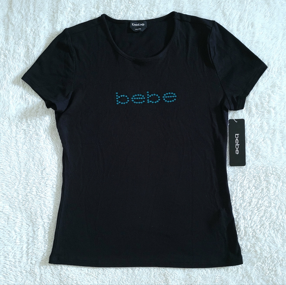 bebe Black🖤 Ribbed Top with Teal Blue💙 Rhinestones💎 - NWT